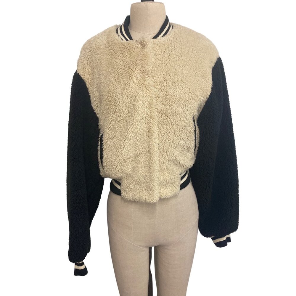 Rue21 Varsity Jacket Faux Fur Bomber Jacket Black Cream Bear Hug Comfy Cute